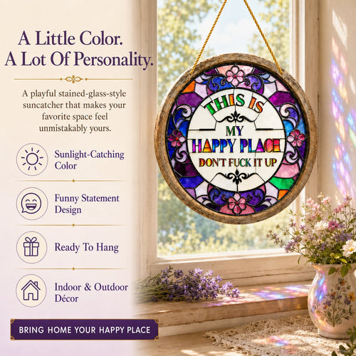 Stained Glass-Style Happy Place Hanging Suncatcher | Sunlight-Catching Quote Decor for Windows, Porches, Patios & Gifts ✨