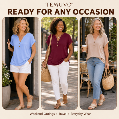 2026 Hot Style Women’s V-Neck Henley Top – Casual Loose Short Sleeve Dressy Blouse & Basic Tee