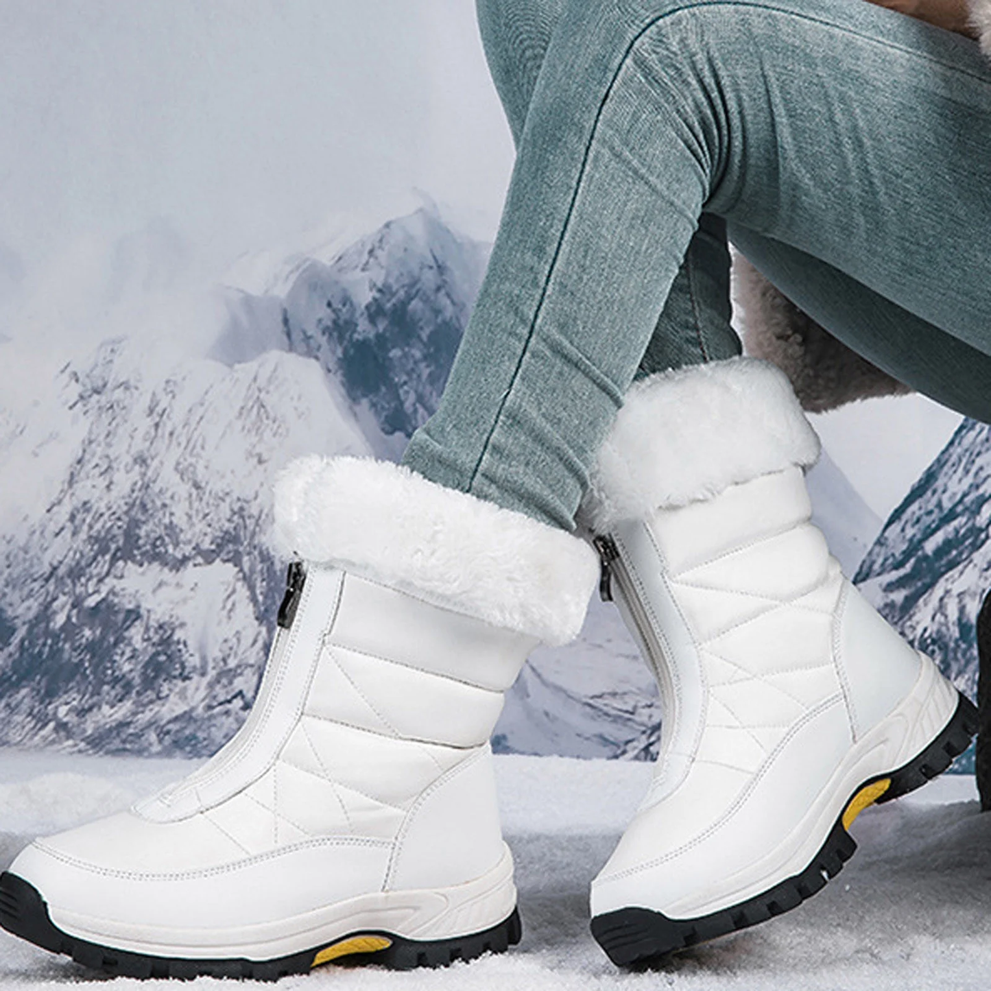 Women’s Waterproof Snow Boots – Plush Fleece Lined Mid-Calf Winter Boots – White