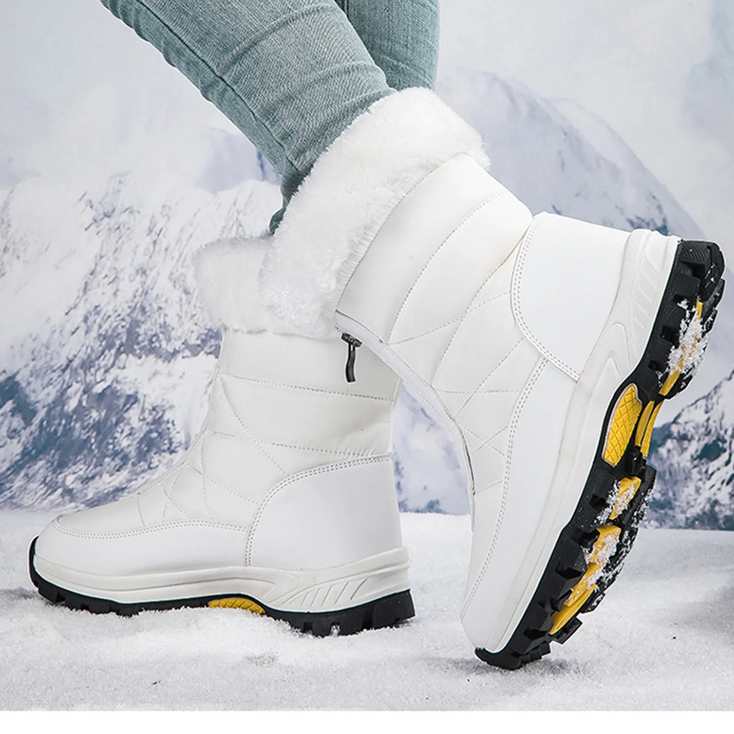 Women’s Waterproof Snow Boots – Plush Fleece Lined Mid-Calf Winter Boots – White