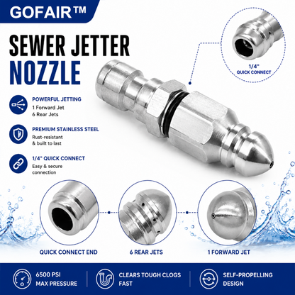 6500 PSI Stainless Steel Sewer Jetter Nozzle – 1/4" Quick Connect Drain Cleaning Attachment for Pressure Washers