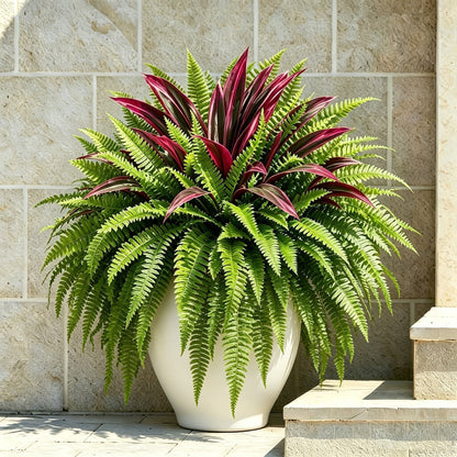 UV-Resistant Artificial Fern & Red Dracaena Decorative Plants – Full, Lush & Fade-Resistant!