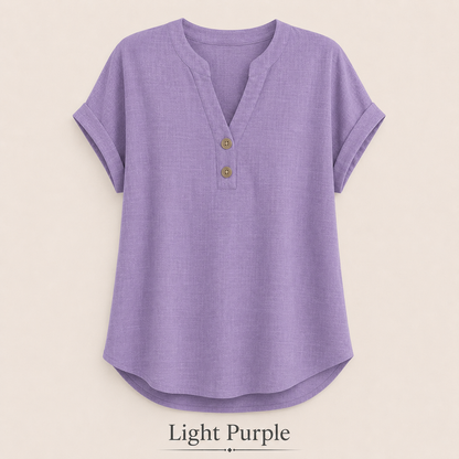 2026 Hot Style Women’s V-Neck Henley Top – Casual Loose Short Sleeve Dressy Blouse & Basic Tee