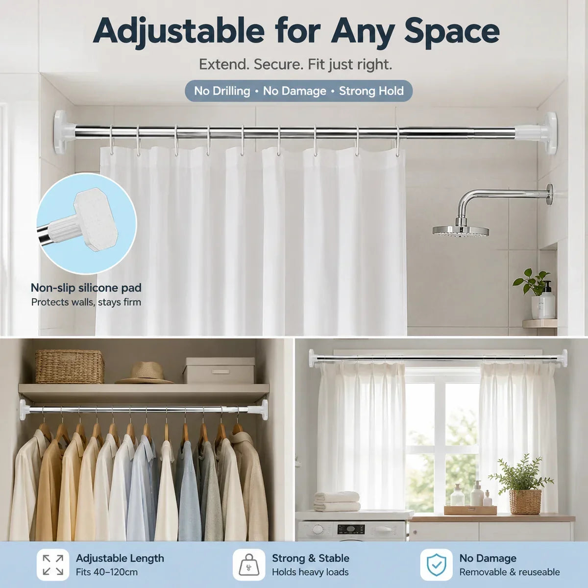 Drill-Free Adjustable Tension Rod – Expand Storage Without Wall Damage