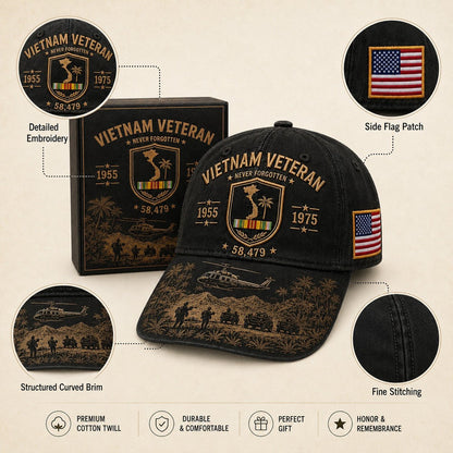 Vietnam Veteran Never Forgotten 1955–1975 Commemorative Cap 🇺🇸