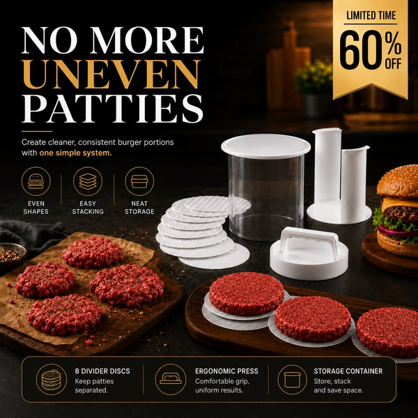 Non-Stick Burger Mold Shaper with Freezer Storage Container - 12-Piece Set with 8-Layer Plastic Discs