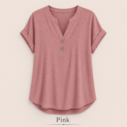 2026 Hot Style Women’s V-Neck Henley Top – Casual Loose Short Sleeve Dressy Blouse & Basic Tee