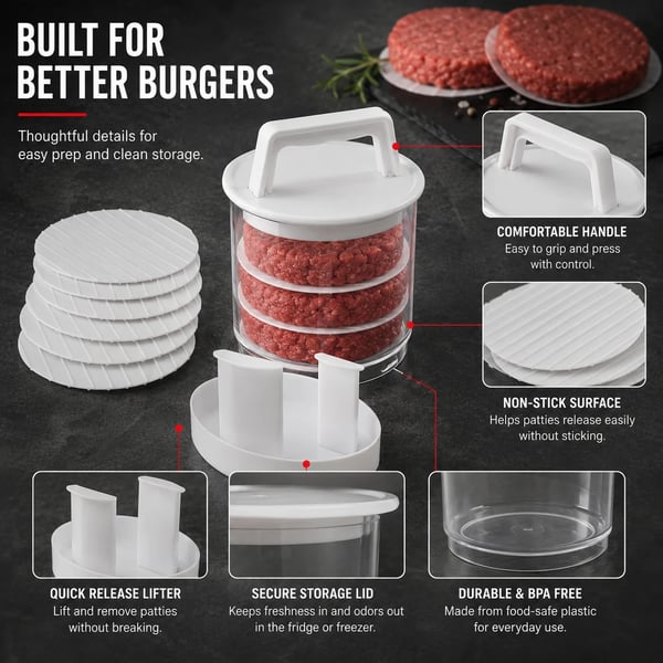Non-Stick Burger Mold Shaper with Freezer Storage Container - 12-Piece Set with 8-Layer Plastic Discs