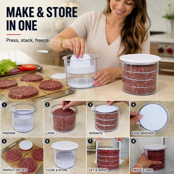 Non-Stick Burger Mold Shaper with Freezer Storage Container - 12-Piece Set with 8-Layer Plastic Discs
