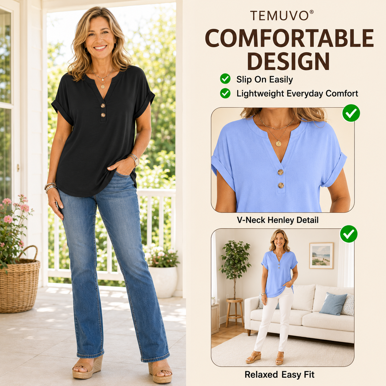 2026 Hot Style Women’s V-Neck Henley Top – Casual Loose Short Sleeve Dressy Blouse & Basic Tee