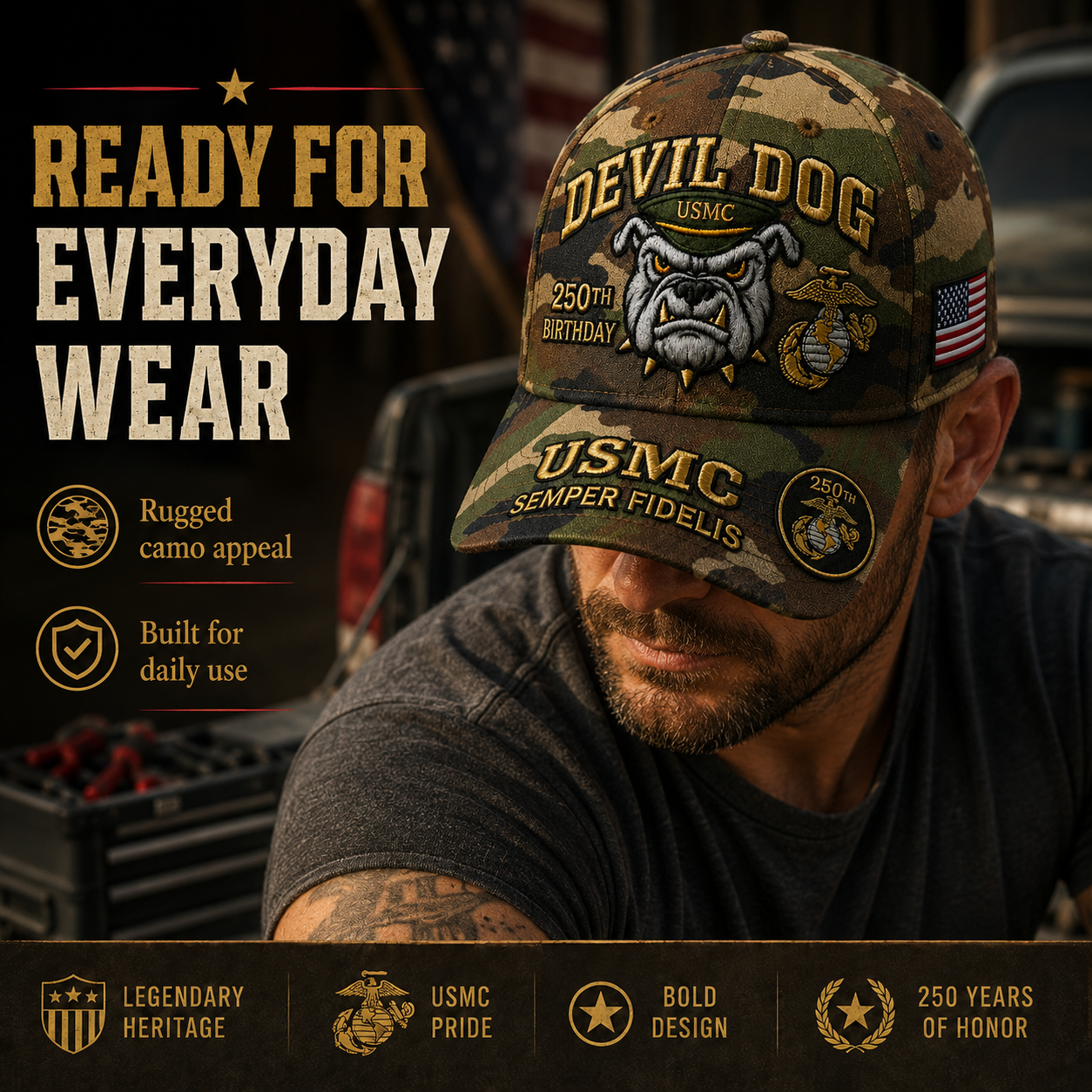 Handmade Devil Dog USMC 250th Birthday Commemorative Cap 🇺🇸