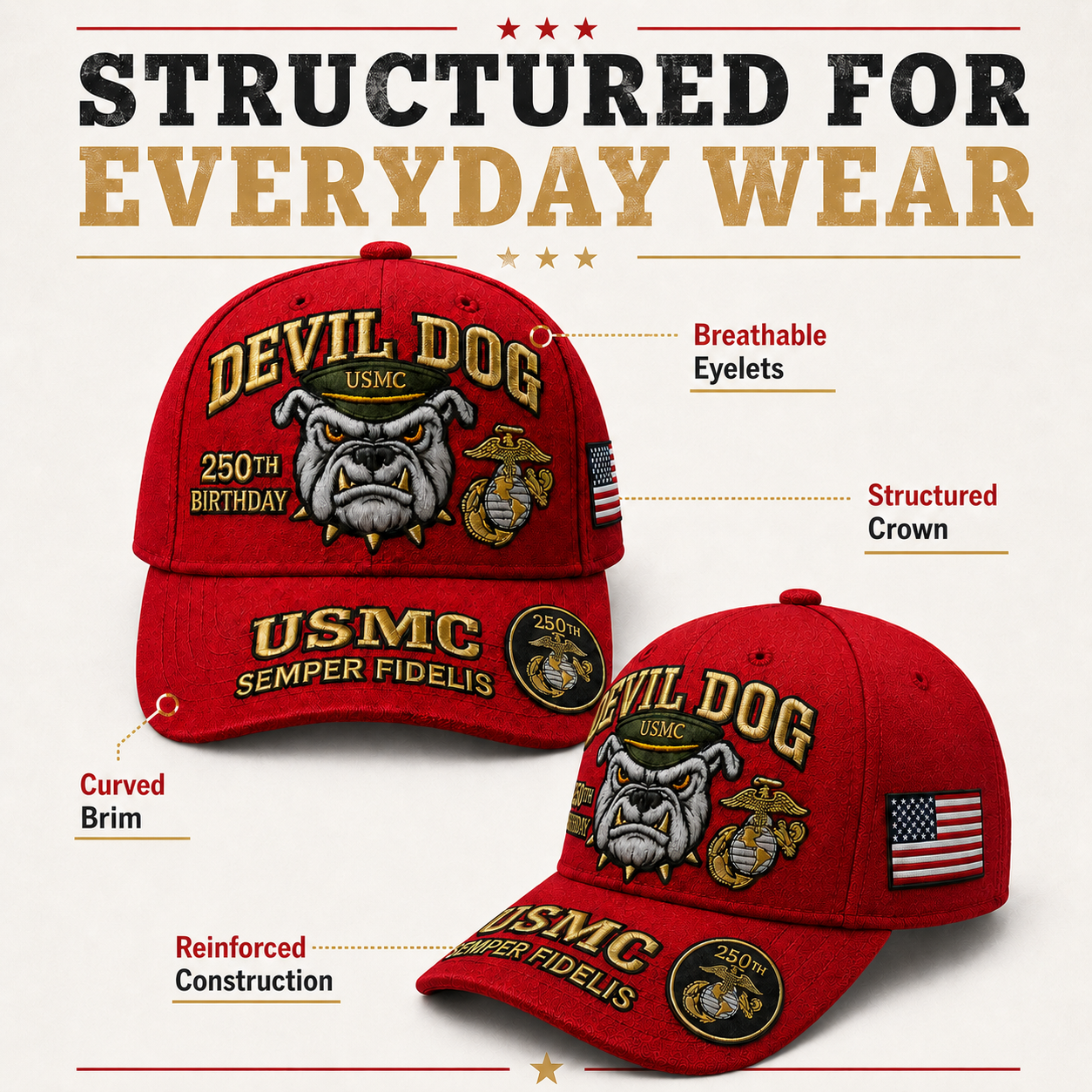 Handmade Devil Dog USMC 250th Birthday Commemorative Cap 🇺🇸