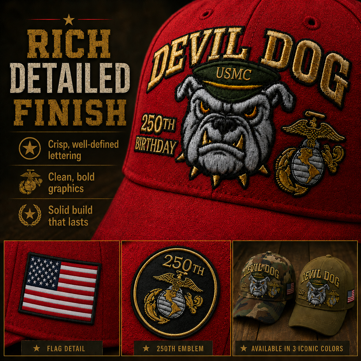 Handmade Devil Dog USMC 250th Birthday Commemorative Cap 🇺🇸
