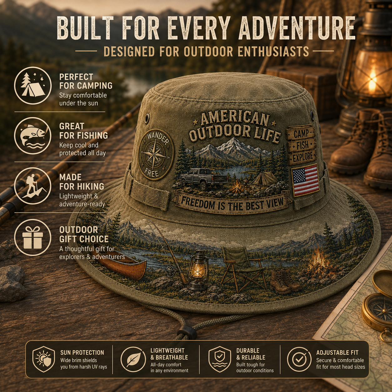 🌄🎣American Outdoor Life Vintage Boonie Hat – Camp, Fish & Explore