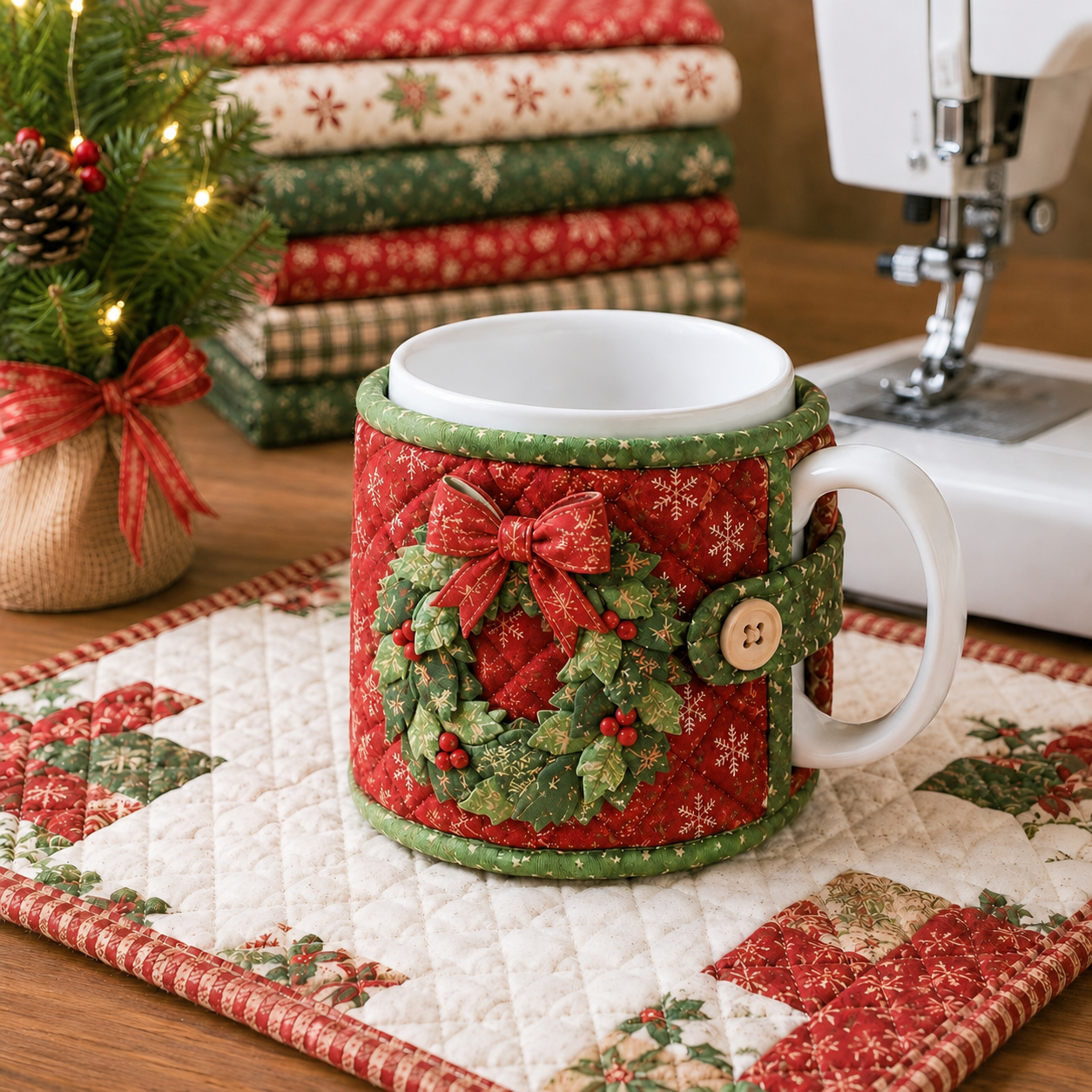 🎄🧵Christmas Quilted Mug Cozy Sewing Kit - Cozy Holiday DIY Craft Set with 9 Festive Designs & Premium Fabric Materials