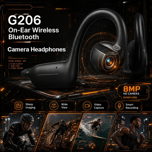 G206 On-Ear Wireless Bluetooth Headset - Audio Device with 8MP EIS Stabilized Camera, First-Person Perspective, Waterproof Headphones