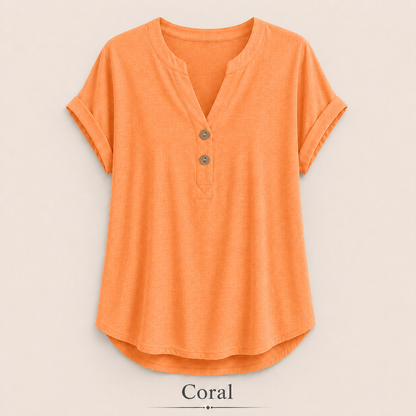 2026 Hot Style Women’s V-Neck Henley Top – Casual Loose Short Sleeve Dressy Blouse & Basic Tee