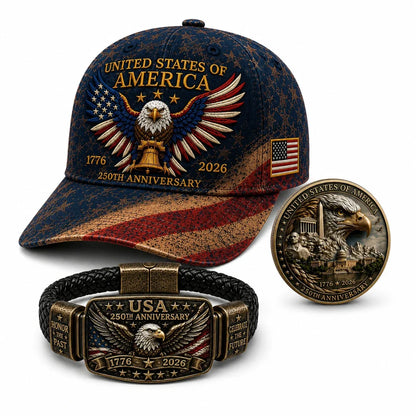 Anniversary Patriotic Eagle 3-Piece Gift Set – Embroidered Cap, Coin & Bracelet